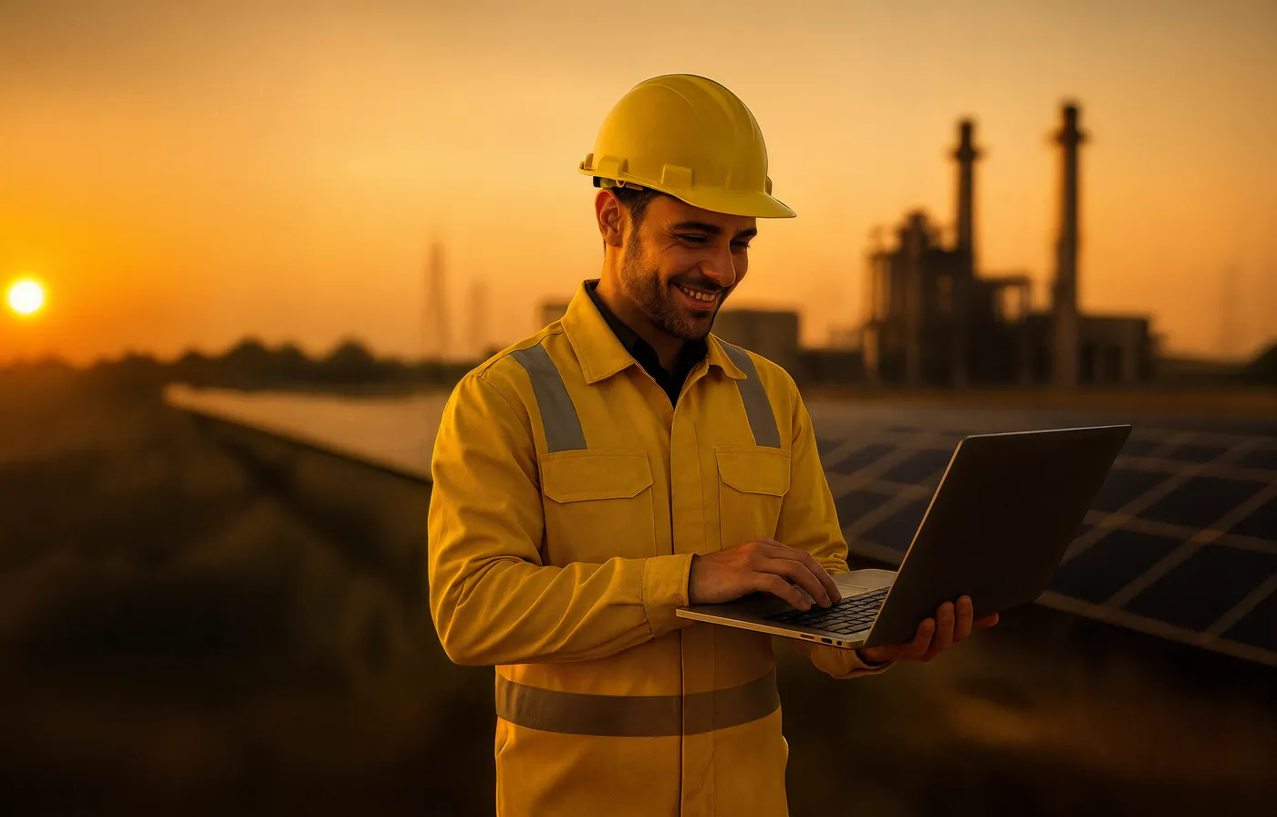 Engenheiro com laptop em usina solar ao pôr do sol